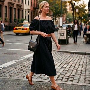 COS Navy Tencel Lyocell Midi Dress NWT Off Shoulder Pockets Balloon Sleeve US 6